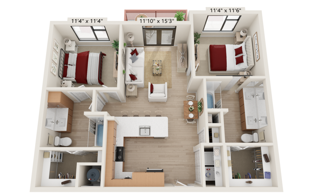 B1 - 2 bedroom floorplan layout with 2 bathrooms and 1026 square feet B1 - 2 bedroom floorplan layout with 2 bathrooms and 1026 square feet