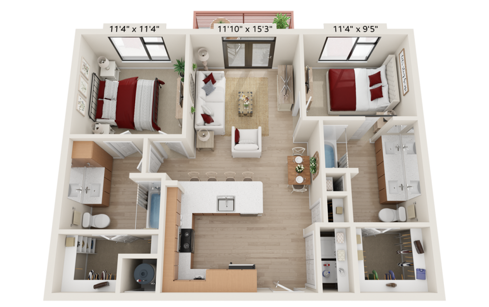 B1A - 2 bedroom floorplan layout with 2 bathrooms and 1000 square feet B1A - 2 bedroom floorplan layout with 2 bathrooms and 1000 square feet