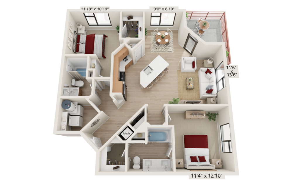 B2 - 2 bedroom floorplan layout with 2 bathrooms and 1175 square feet B2 - 2 bedroom floorplan layout with 2 bathrooms and 1175 square feet