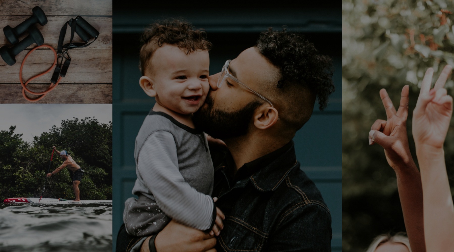 a man kissing his child and a collage of nature-themed images