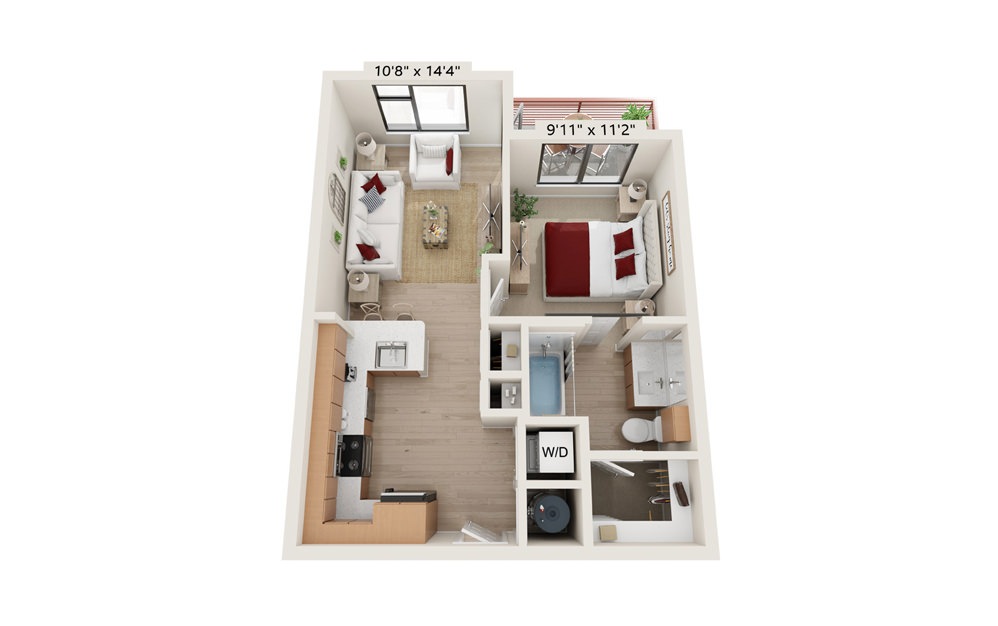 A-ONE - 1 bedroom floorplan layout with 1 bath and 584 square feet.