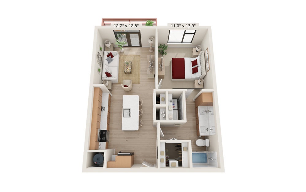 A-THREE - 1 bedroom floorplan layout with 1 bath and 738 square feet.