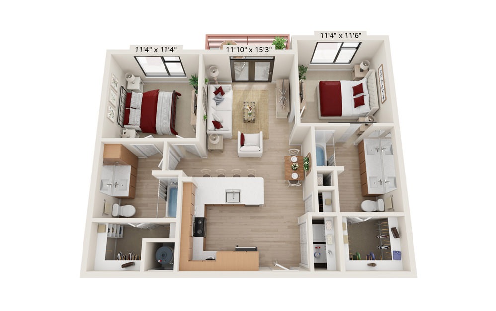 B-ONE - 2 bedroom floorplan layout with 2 baths and 1026 square feet.