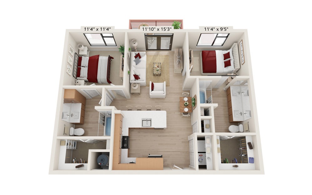 B-ONE-A - 2 bedroom floorplan layout with 2 baths and 1000 square feet.