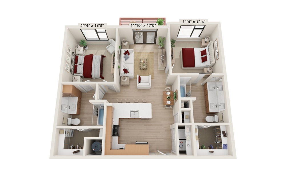 B-ONE-B - 2 bedroom floorplan layout with 2 baths and 1082 square feet.