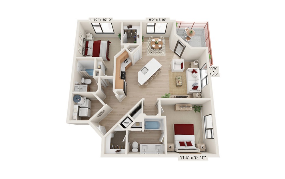 B-TWO - 2 bedroom floorplan layout with 2 baths and 1175 square feet.