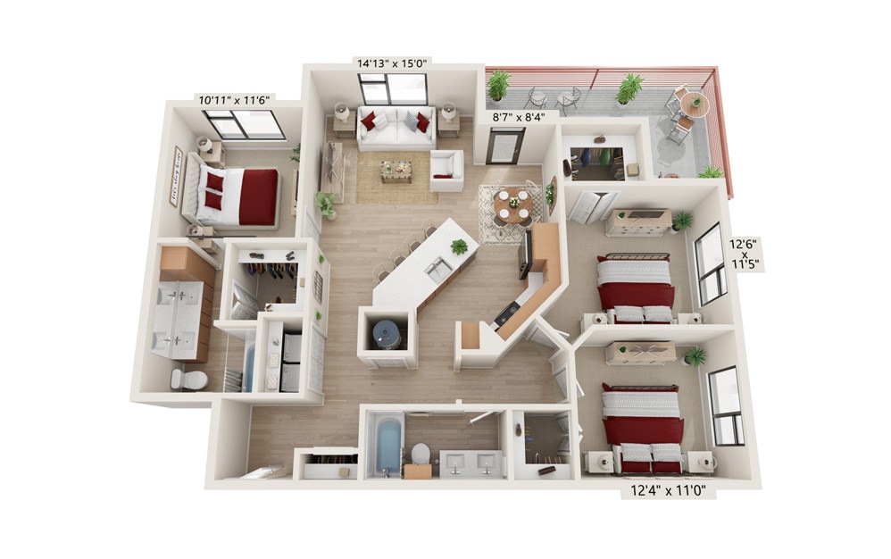 C-ONE - 3 bedroom floorplan layout with 2 baths and 1335 square feet.