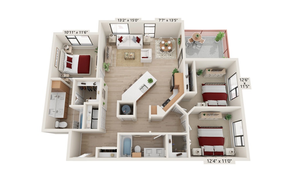 C-ONE-A - 3 bedroom floorplan layout with 2 baths and 1329 square feet.