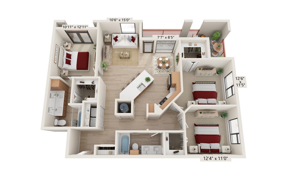 C-ONE-B - 3 bedroom floorplan layout with 2 baths and 1336 square feet.